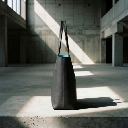 Handcrafted leather tote bag side view revealing slim silhouette and surgical turquoise suede interior core on raw concrete slab
