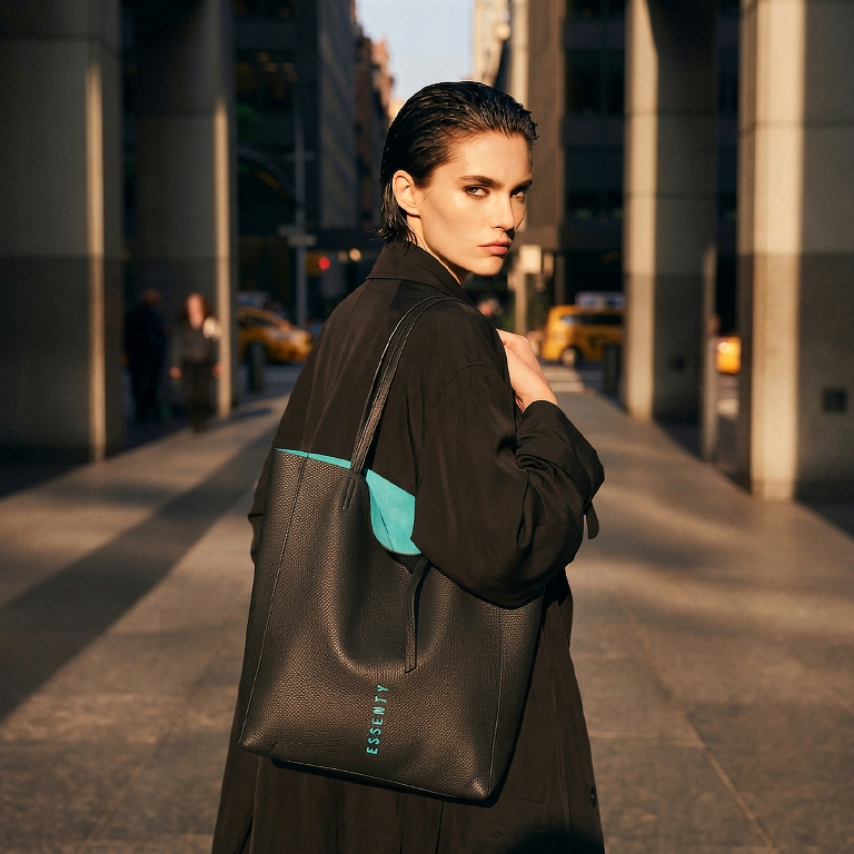 Handcrafted leather tote bag from black manifesto collection with surgical turquoise lining carried by fashion model in a city street