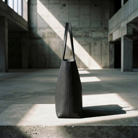Handcrafted leather tote bag BM-02 matte black profile view on concrete pedestal revealing silent industrial grey suede interior core