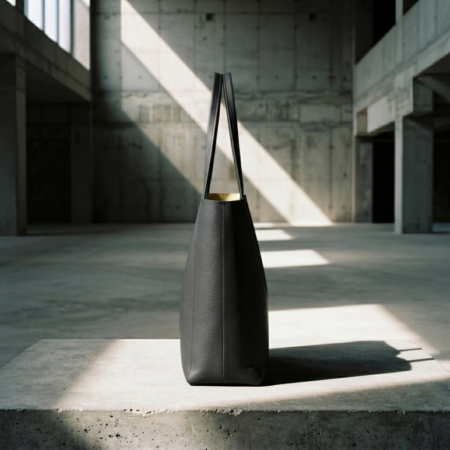 Handcrafted leather tote bag BM-03 matte black profile view on concrete pedestal revealing majestic gold suede interior core