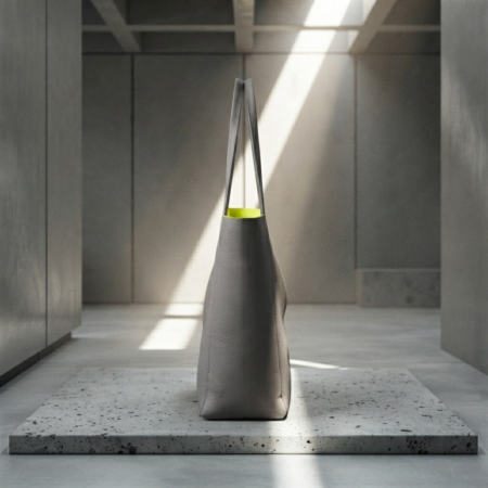 Side profile view of a grey leather designer minimalist tote bag showing soft natural leather folds and neon yellow interior on concrete pedestal