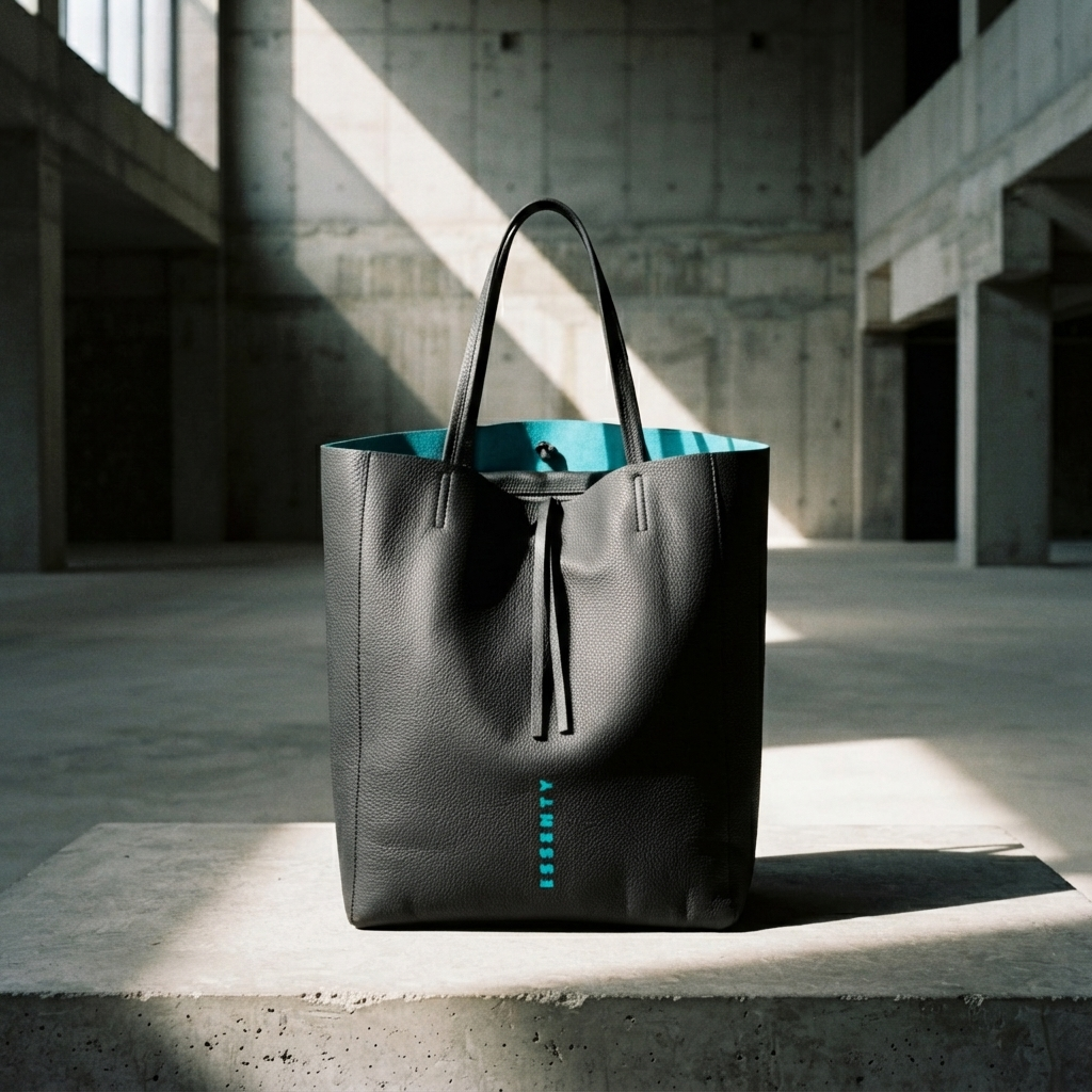 Minimalist black tote bag in premium matte dollar leather with a vertical turquoise hand-stamped logo standing alone on a monolithic concrete block in a brutalist urban space, revealing a vibrant electric turquoise suede interior.