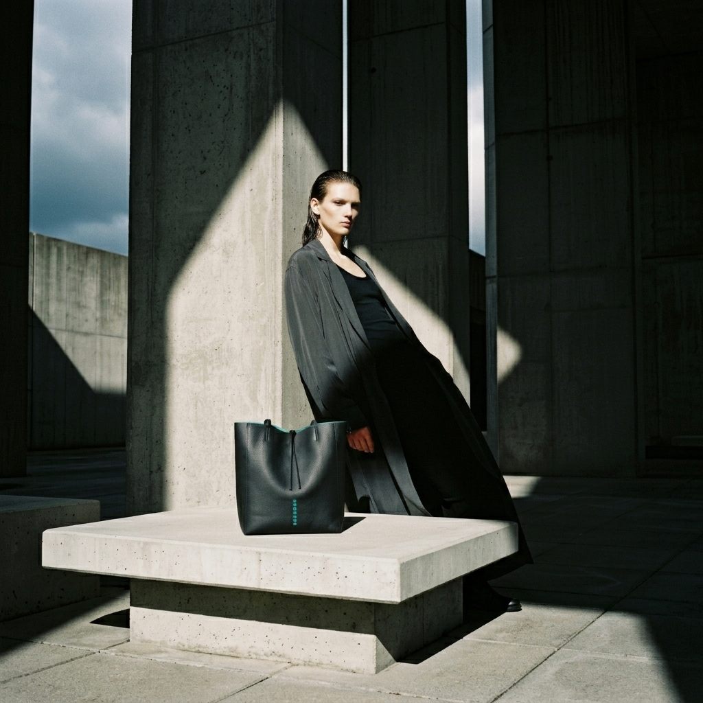 Symmetrical high-fashion brutalist editorial photograph of an androgynous model with a black handcrafted leather tote bag against concrete architecture.