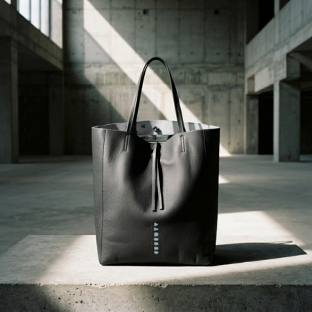 Handcrafted leather tote bag BM-02 open view inspection revealing silent industrial grey suede interior core with internal pocket architecture