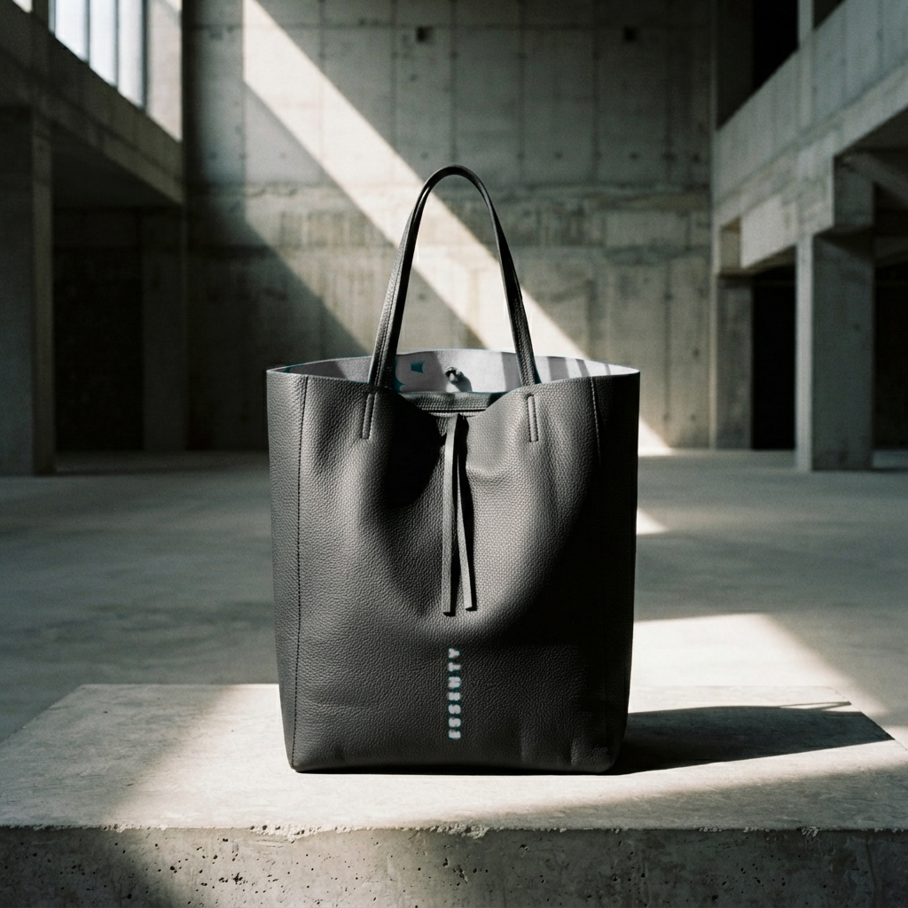 Handcrafted leather tote bag BM-02 open view inspection revealing silent industrial grey suede interior core with internal pocket architecture