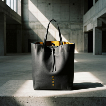 Handcrafted leather tote bag BM-03 matte black front view on concrete pedestal revealing majestic gold suede interior core