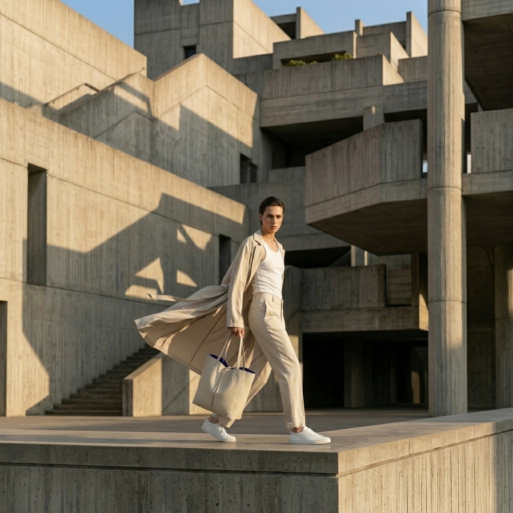 Dynamic high-fashion brutalist editorial photograph of an androgynous model holding a bone white handcrafted leather tote bag walking inside raw concrete habitat architecture.