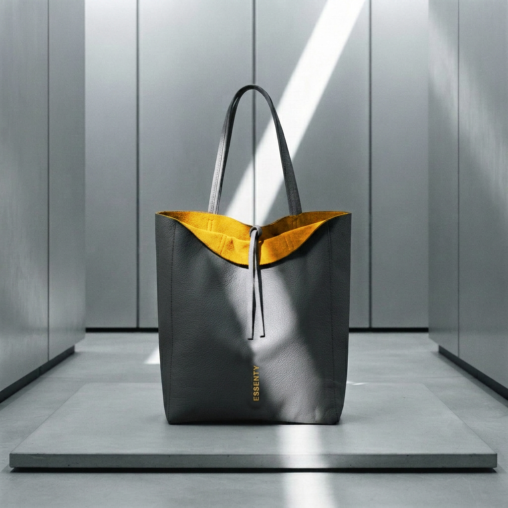 Minimalist dark grey tote bag in premium matte dollar leather with a vertical gold hand-stamped logo standing on a platform in a cyber brutalist space with brushed titanium panels, displaying a matte metallic gold suede interior.