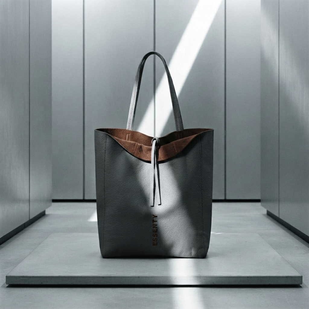 Minimalist dark grey tote bag in premium matte dollar leather with a vertical dark moro brown hand-stamped logo standing on a concrete platform in a cyber brutalist space with titanium panels, displaying a matte dark brown suede interior.