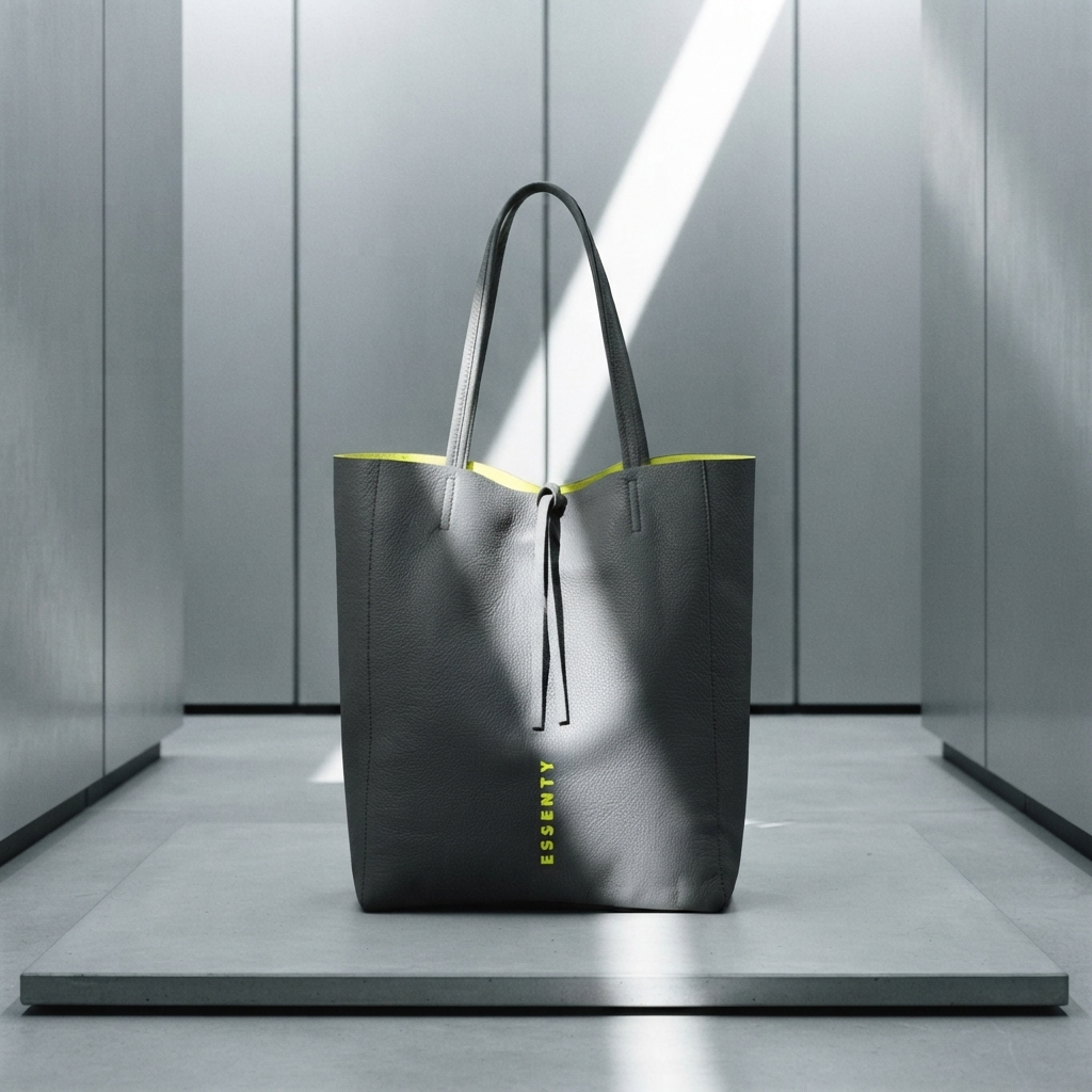 Minimalist dark grey tote bag in premium matte dollar leather with a vertical neon yellow hand-stamped logo standing on a platform in a cyber brutalist space with brushed titanium panels, displaying a vibrant neon yellow suede interior.