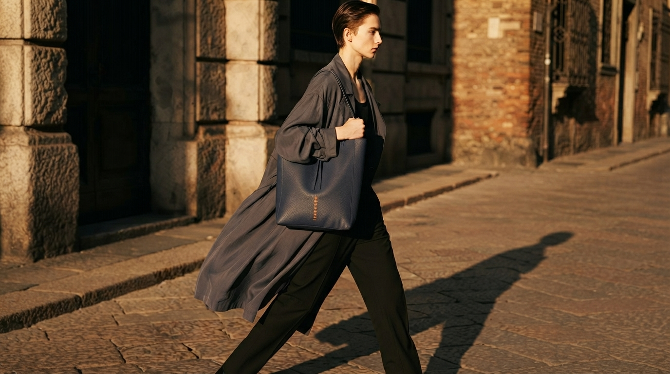 minimalist navy blue tote bag intellectual avant garde wearable vegetable tanned leather by essenty italy