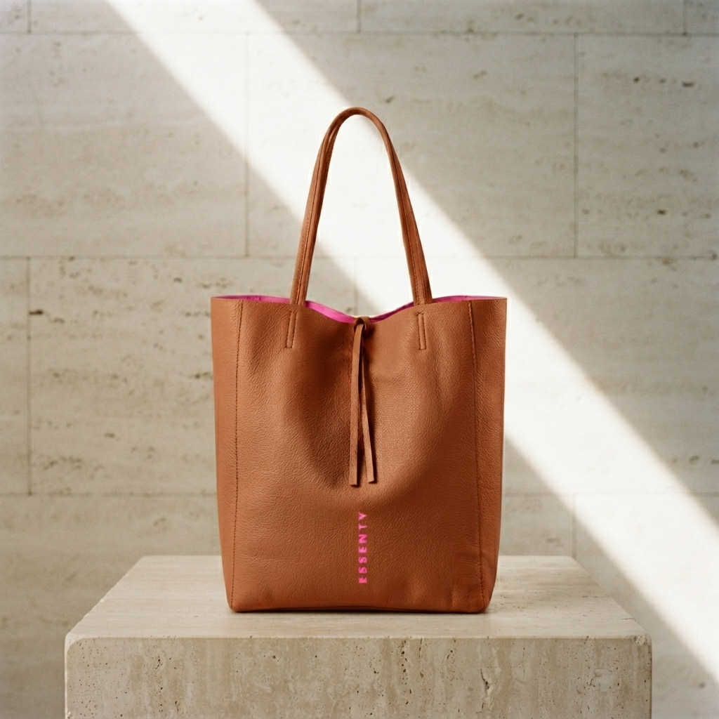Minimalist organic tan leather tote bag with a vertical fluorescent hot pink hand-stamped logo standing on a light travertine stone block in a brutalist mineral space, displaying a vibrant hot pink suede interior.