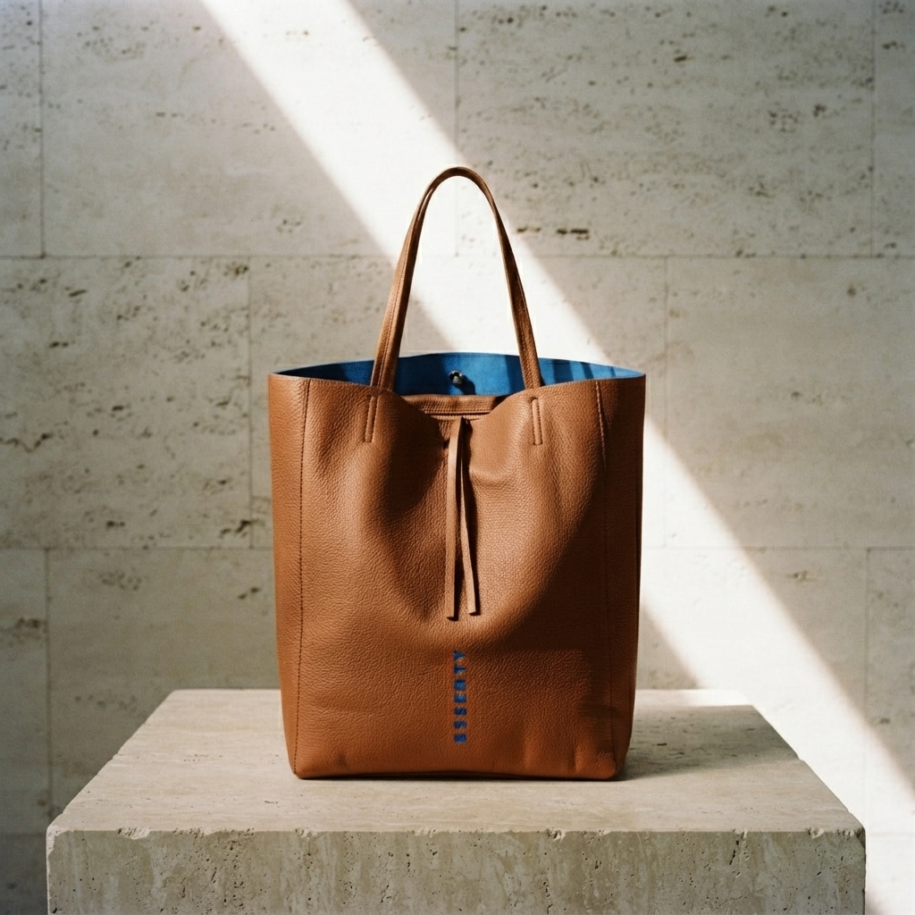 Minimalist organic tan leather tote bag with a vertical royal blue hand-stamped logo standing on a light travertine stone block in a brutalist mineral space, displaying a vibrant royal blue suede interior.