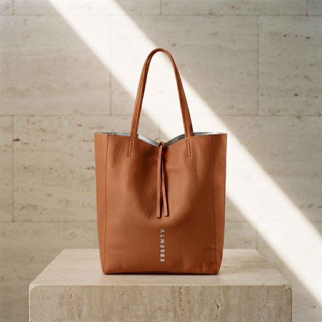 Minimalist organic tan leather tote bag with a vertical metallic silver hand-stamped logo standing on a light travertine stone block in a brutalist mineral space, displaying a matte metallic silver suede interior.