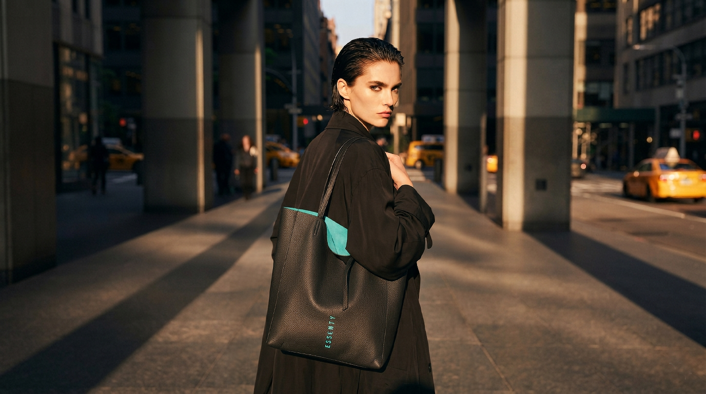 Centered widescreen high-fashion editorial hero banner of an androgynous model with slicked-back wet-look hair in a dark winter coat carrying a slender unstructured black leather ESSENTY tote bag with a vertical turquoise logo and turquoise lining, framed symmetrically by modern concrete columns and a New York street perspective at sunset.