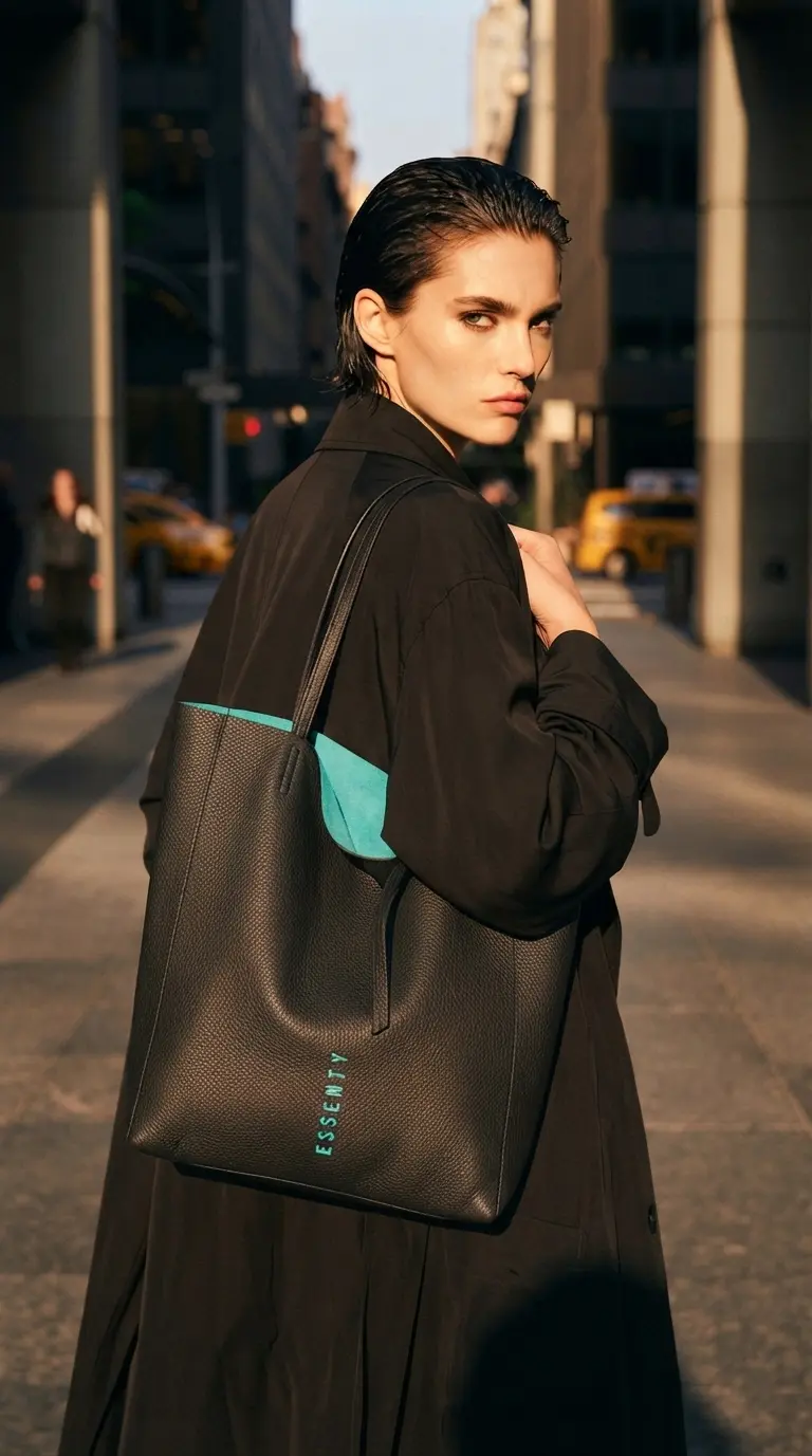 Centered widescreen high-fashion editorial hero banner of an androgynous model with slicked-back wet-look hair in a dark winter coat carrying a slender unstructured black leather ESSENTY tote bag with a vertical turquoise logo and turquoise lining, framed symmetrically by modern concrete columns and a New York street perspective at sunset.