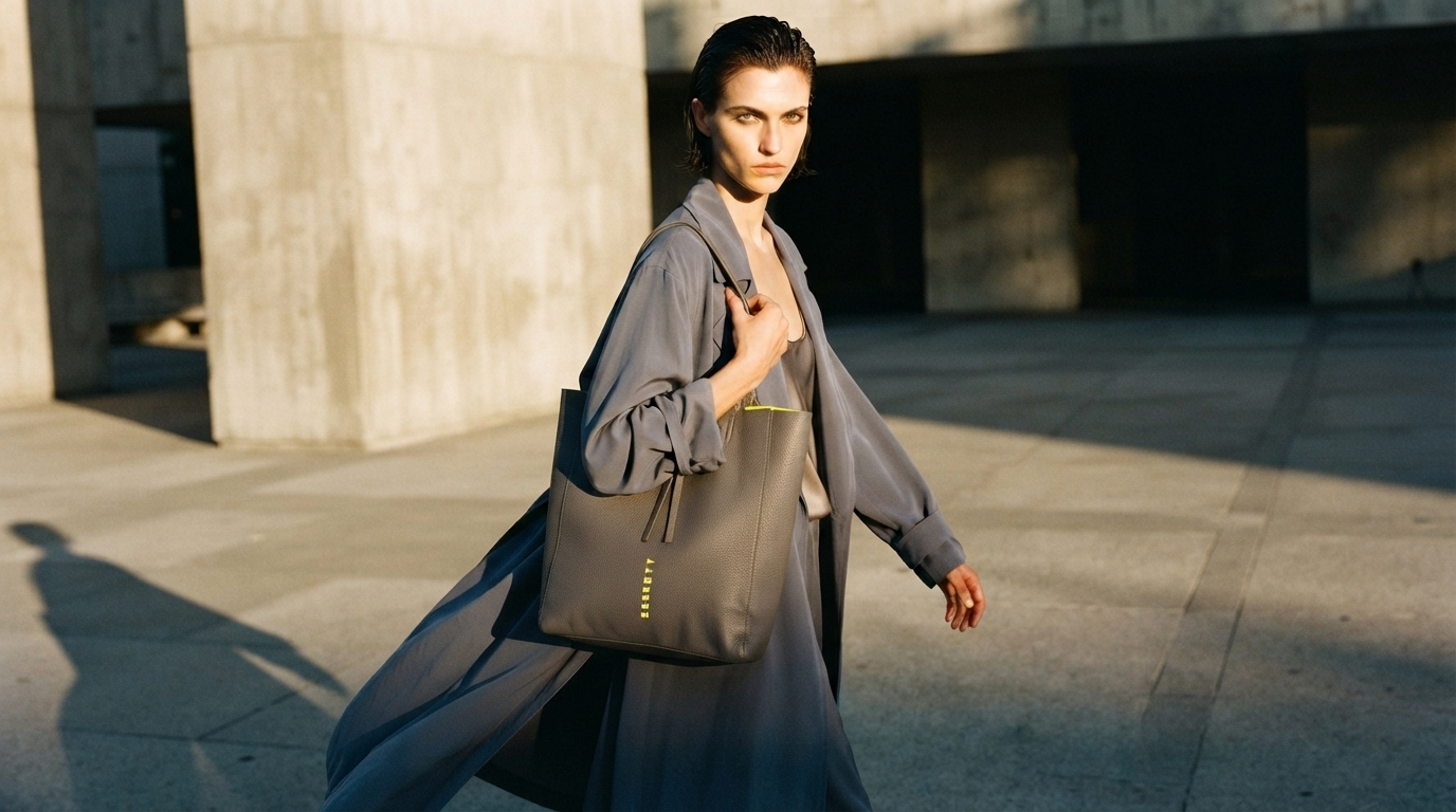 Centered widescreen high-fashion editorial hero banner of an androgynous model in a fluid grey trench coat carrying a dark grey leather ESSENTY tote bag with a vertical neon yellow logo and a sliver of neon yellow lining, framed symmetrically by massive brutalist concrete columns and pavement under sunset lighting with sharp geometric shadows.