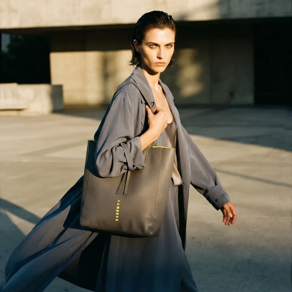 Centered widescreen high-fashion editorial hero banner of an androgynous model in a fluid grey trench coat carrying a dark grey leather ESSENTY tote bag with a vertical neon yellow logo and a sliver of neon yellow lining, framed symmetrically by massive brutalist concrete columns and pavement under sunset lighting with sharp geometric shadows.