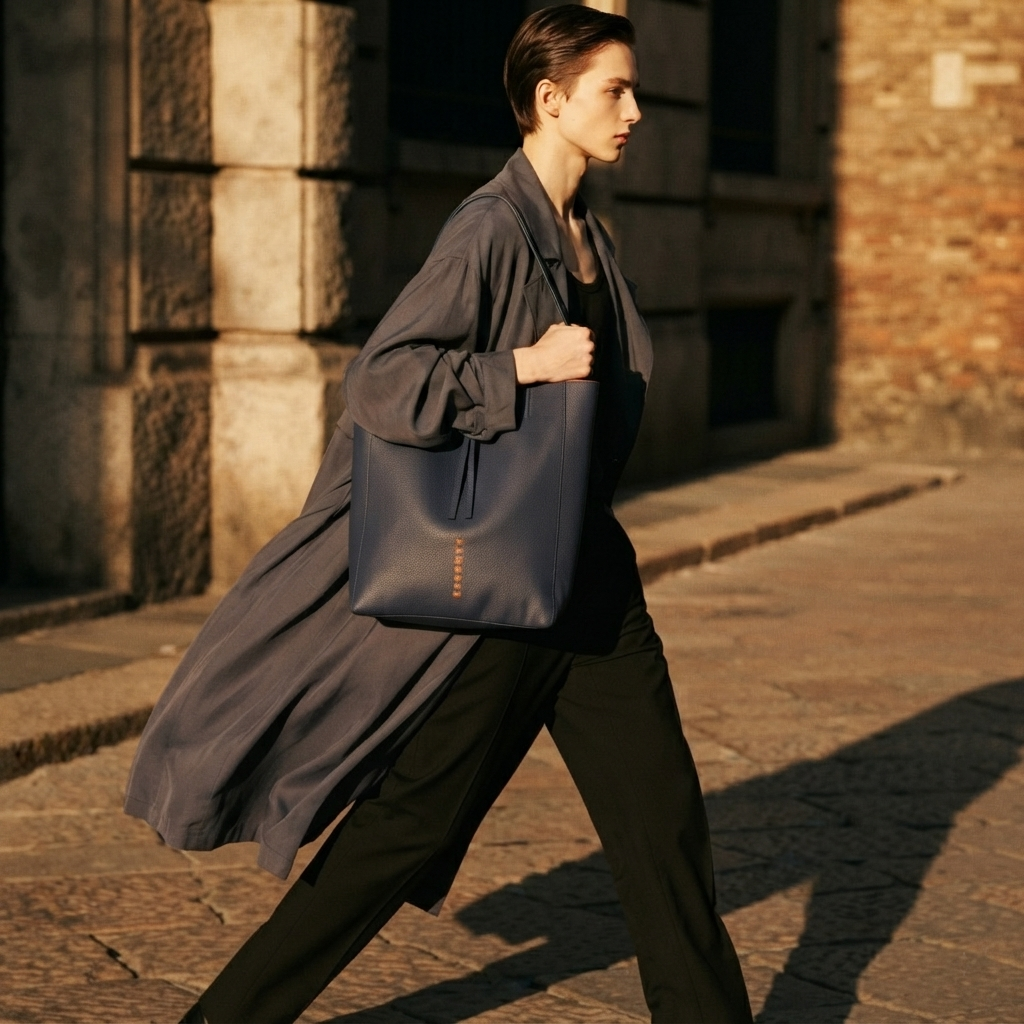 Fashion editorial of an androgynous model in a lightweight fluid smoke grey trench coat walking on a historic stone pavement, carrying an unstructured blue navy leather ESSENTY tote bag with a vertical orange logo and neon orange lining under warm sunset light.