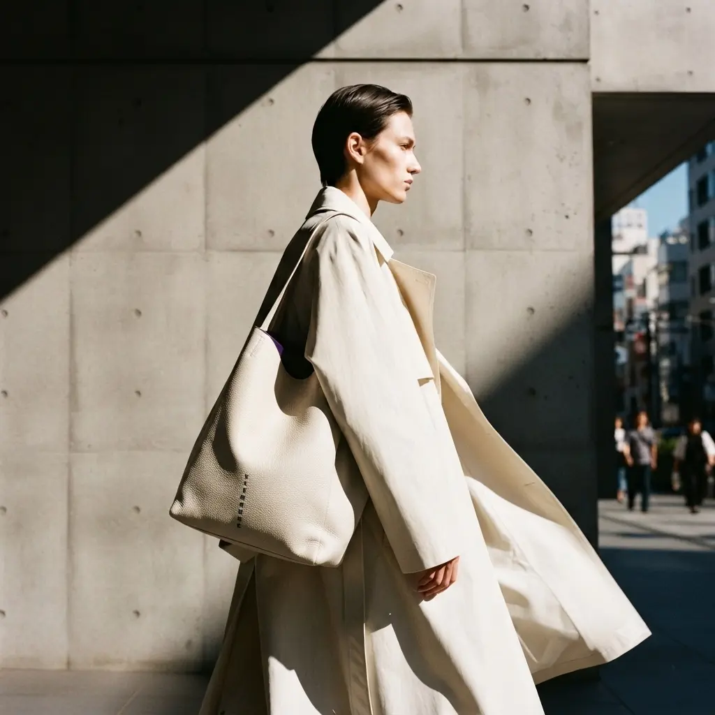 Fashion editorial of an androgynous model in a fluid bone ivory trench coat walking by a concrete wall, carrying an unstructured bone-white leather ESSENTY tote bag with a vertical purple logo and a striking deep purple lining under sharp diagonal shadow.