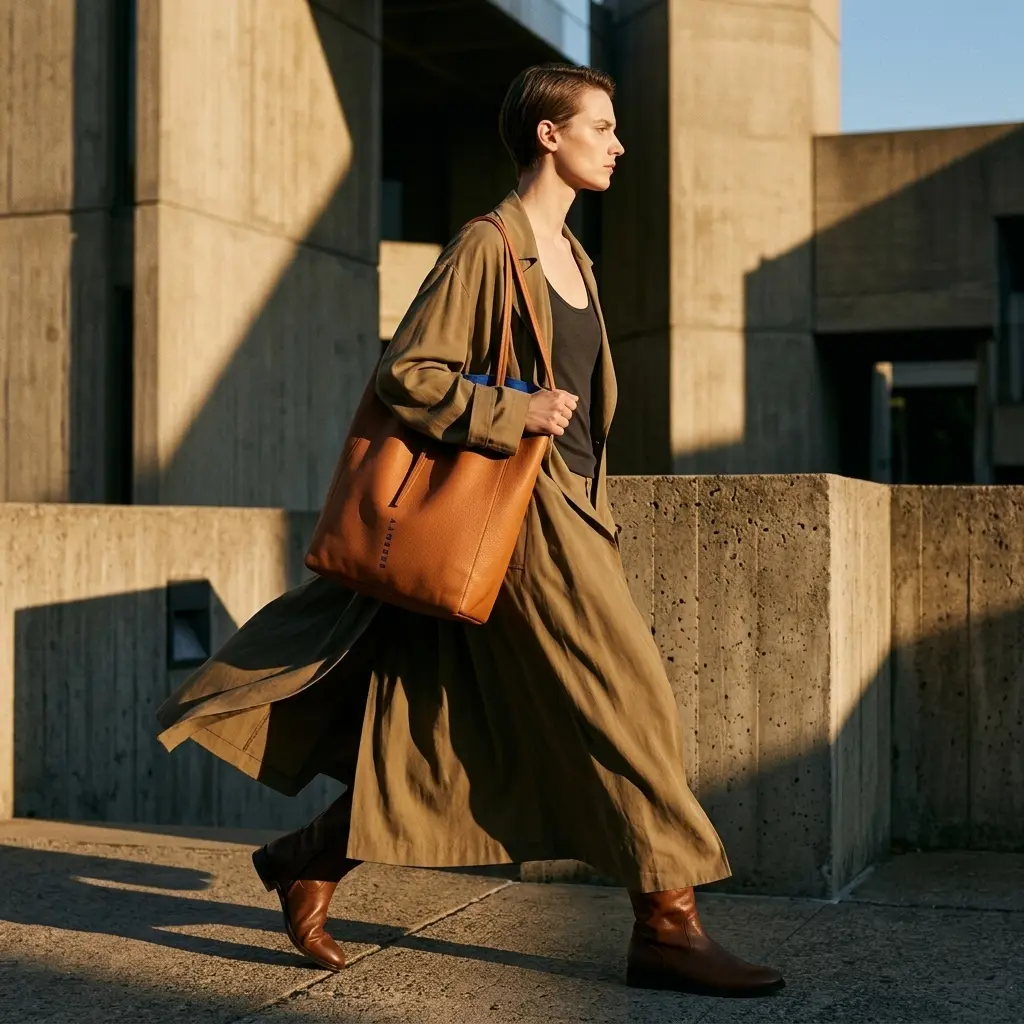Fashion editorial of an androgynous model in a lightweight fluid olive-tan trench coat walking by concrete structures, carrying an unstructured cognac tan leather ESSENTY tote bag with a striking royal blue lining under sunset lighting.