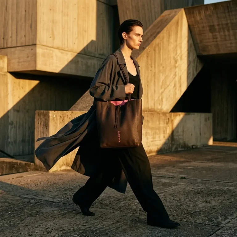 Designer minimalist tote bag from sophisticated brown collection with bright pink lining carried by fashion model walking through brutalist architecture
