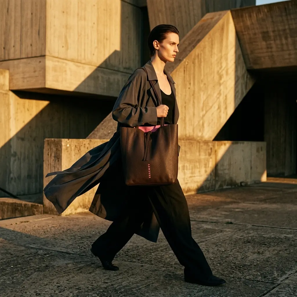 Fashion editorial of an androgynous model in a lightweight fluid charcoal grey trench coat walking through brutalist architecture, carrying an unstructured dark brown leather ESSENTY tote bag with a vertical pink logo and bright pink lining under sunset light.