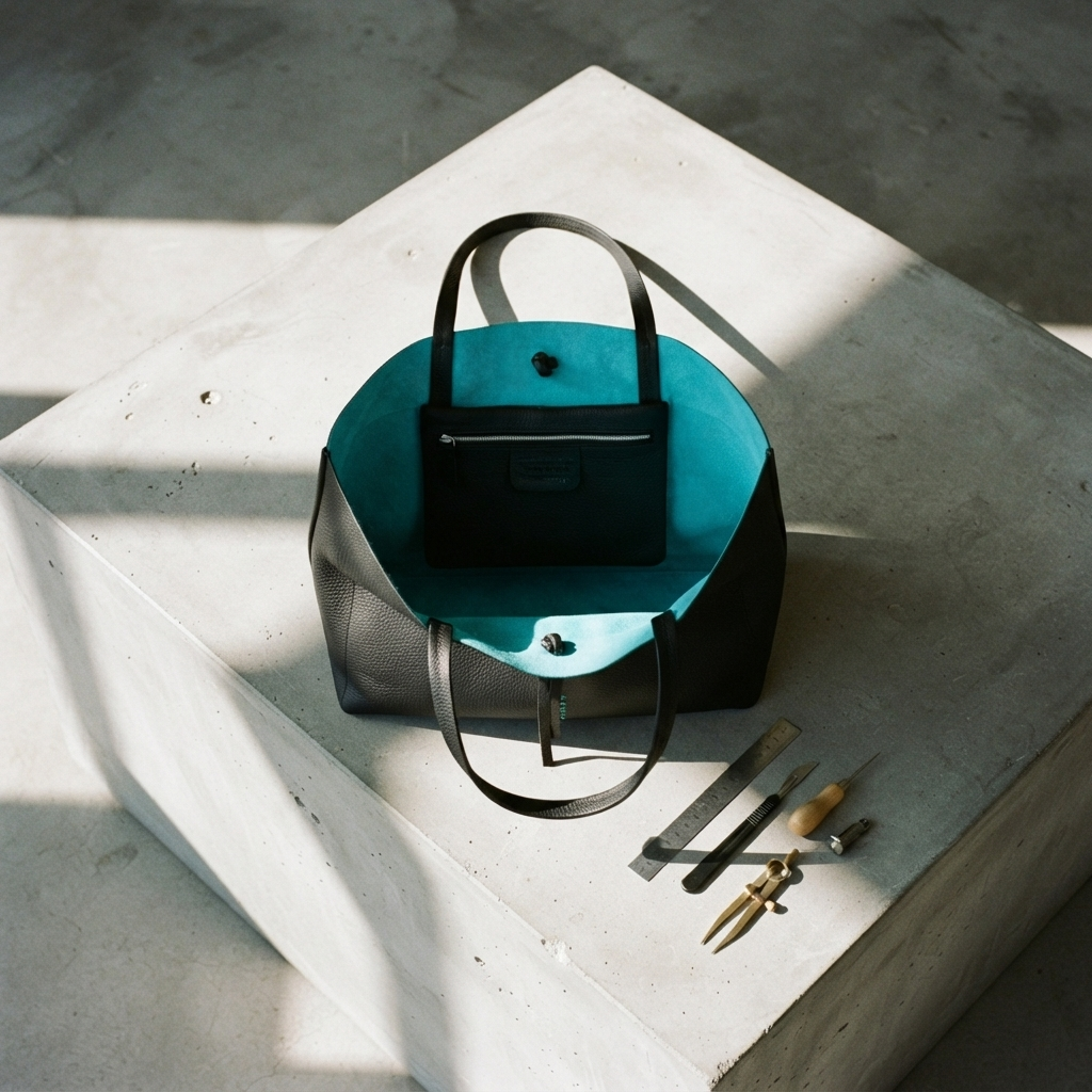 Direct overhead view of an open black handcrafted leather tote bag with hyper-saturated turquoise suede interior resting on a raw concrete block with geometric tools.
