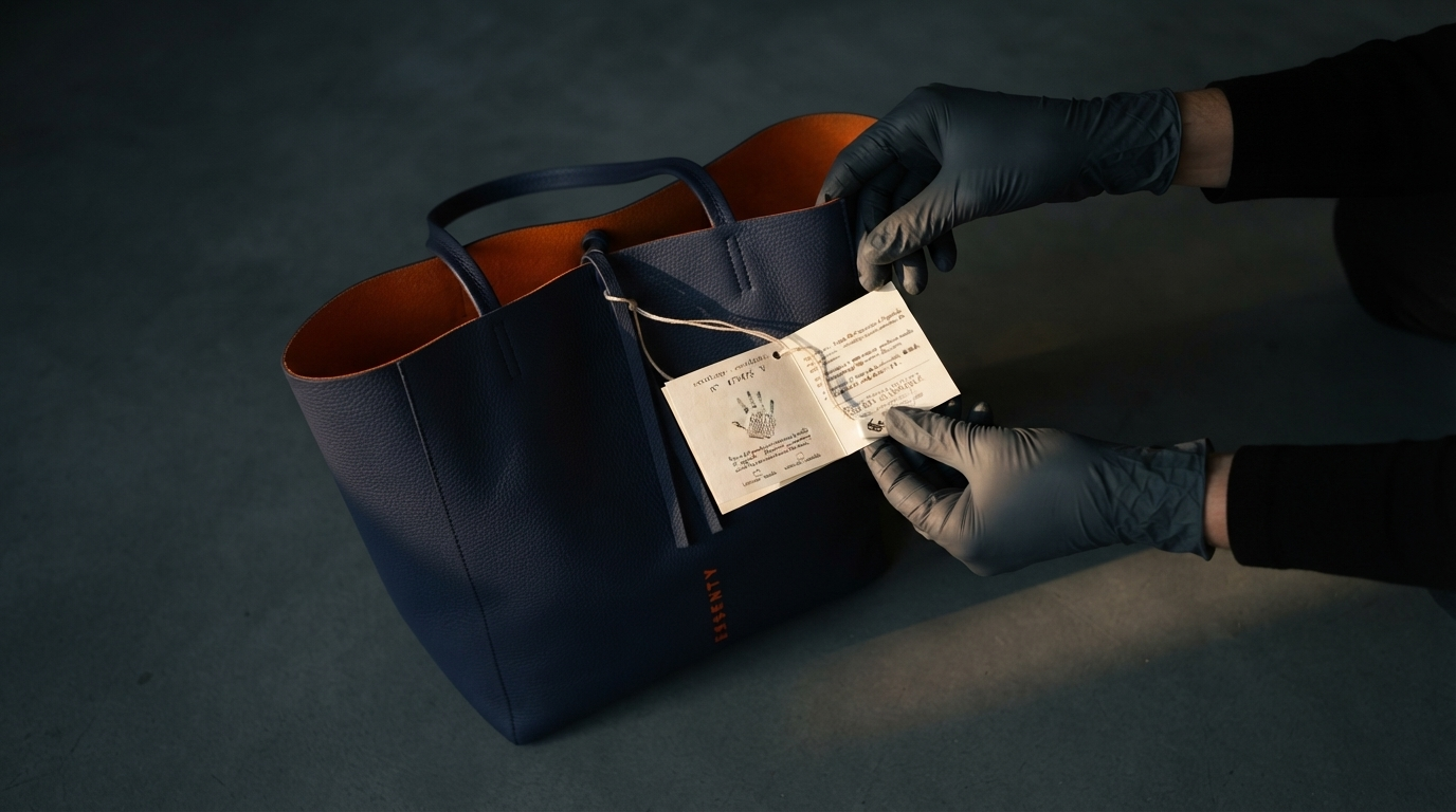 Overhead close-up of a navy blue handcrafted leather tote bag with orange interior held by gloved hands inspecting the official vegetable-tanned leather certificate tag under golden hour sunlight.