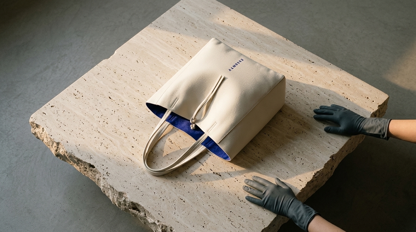 Angled overhead view of a bone white handcrafted leather tote bag with royal blue interior on a massive raw travertine stone block under natural golden hour sunlight.