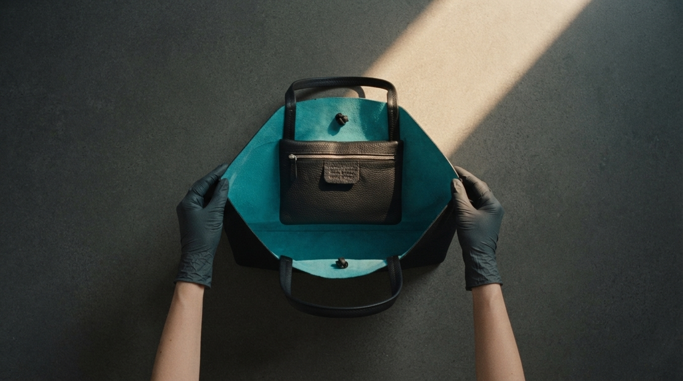 Overhead top-down view of a handcrafted black leather tote bag with a vibrant turquoise interior held by gloved hands under a natural golden hour sunlight beam on concrete.