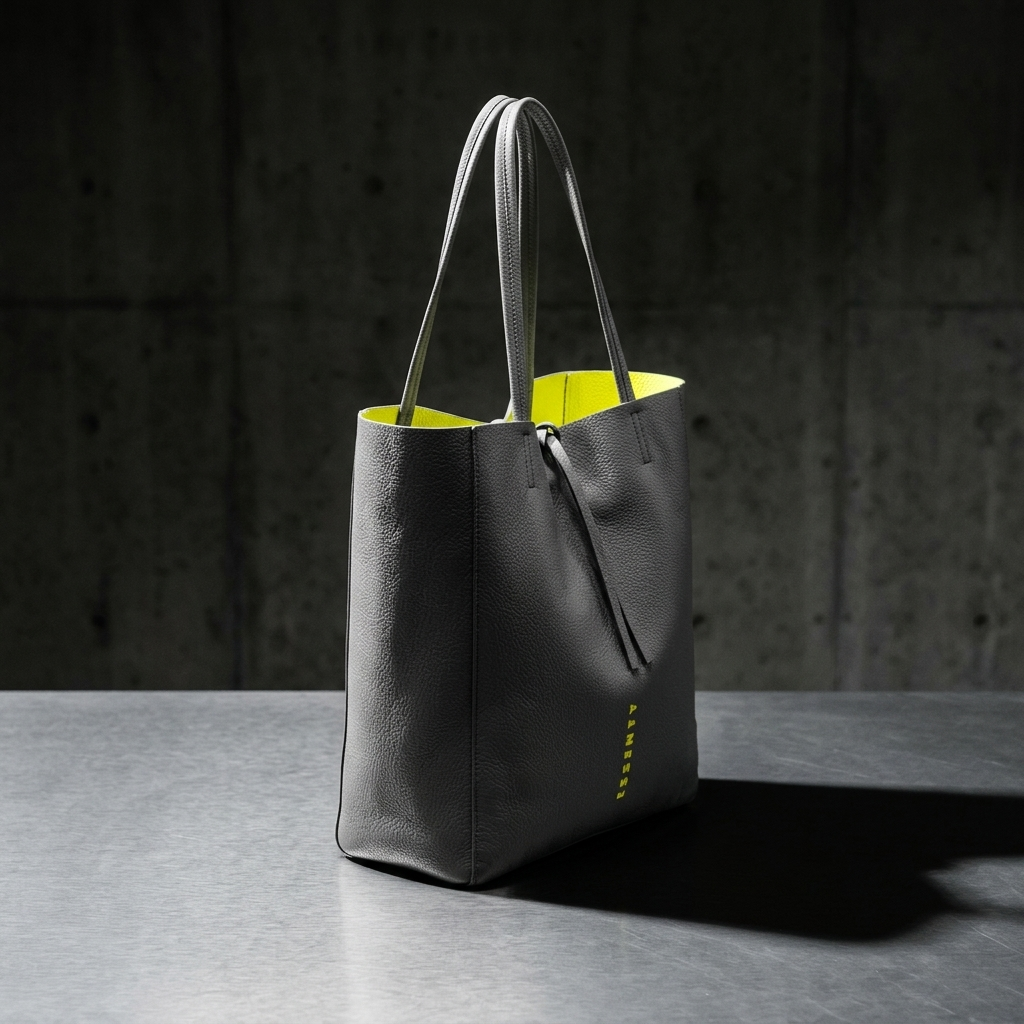 Central close-up view of a massive handcrafted leather tote bag with vibrant interior contrast resting inside an industrial brutalist vault environment.