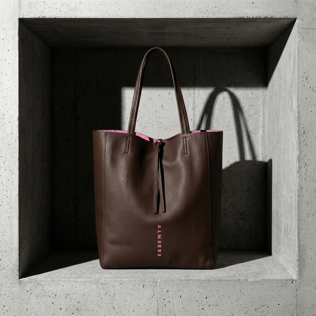 Central front view of a massive moro brown handcrafted leather tote bag with hot pink interior inside a tight square concrete vault cell.