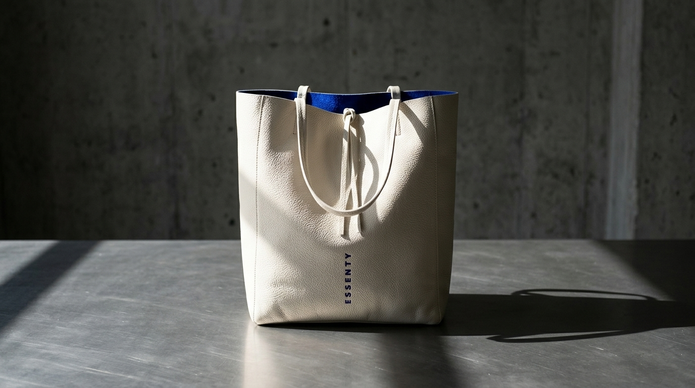 Central eye-level profile view of a massive bone white handcrafted leather tote bag with brilliant royal blue interior on a brushed titanium surface.