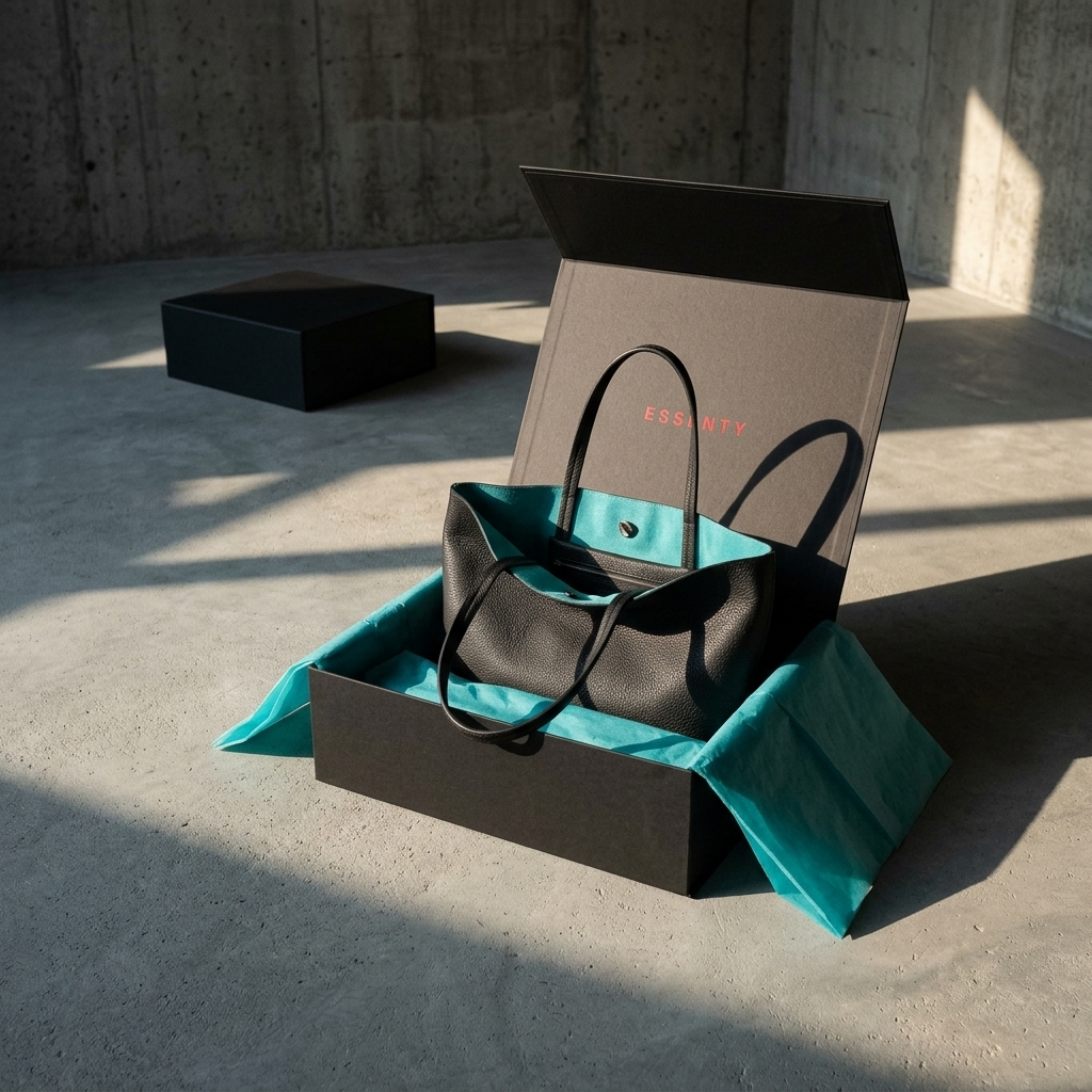 Central view of an open matte black magnetic packaging box with handcrafted leather tote bag wrapped in turquoise tissue paper on a concrete floor.