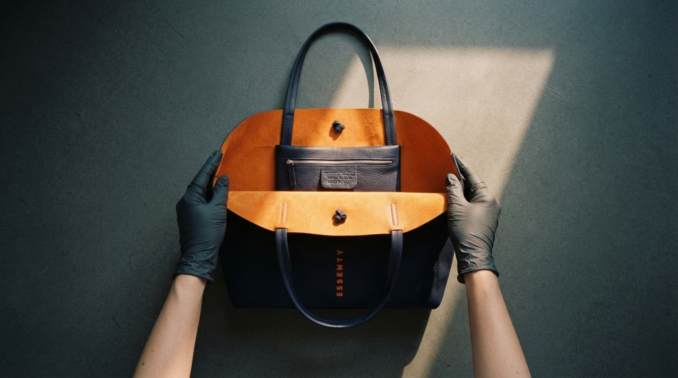 Overhead view of a massive navy blue handcrafted leather tote bag with vibrant orange interior held by gloved hands under a soft golden hour sunlight beam on concrete.