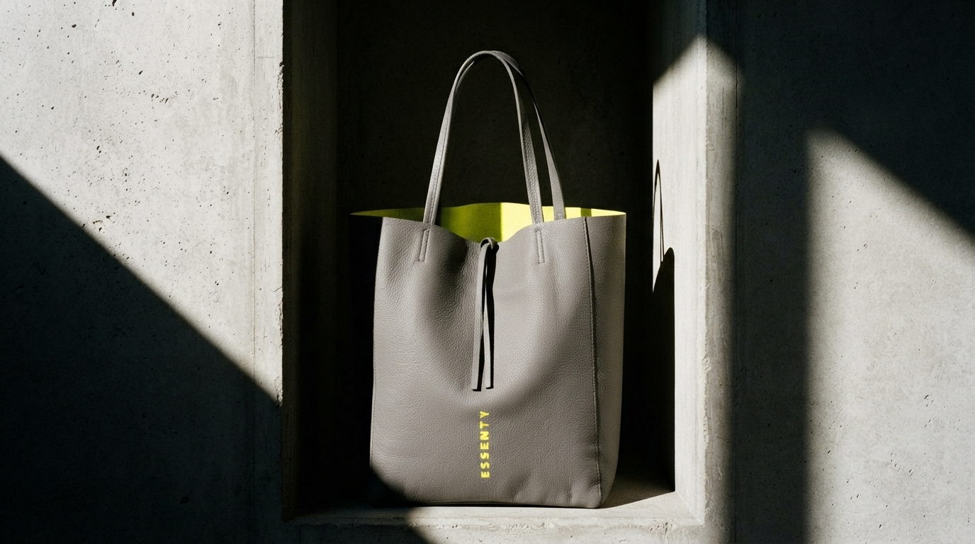 Central eye-level view of a massive grey handcrafted leather tote bag with brilliant neon yellow interior inside a concrete brutalist alcove.