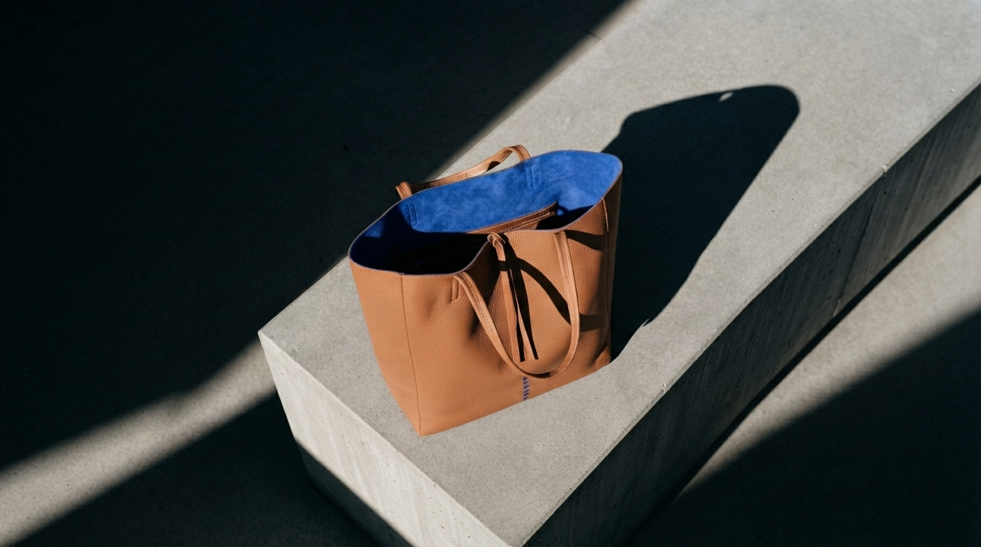 Overhead view of an open tan handcrafted leather tote bag with saturated royal blue interior resting on a raw concrete block with sharp shadows.