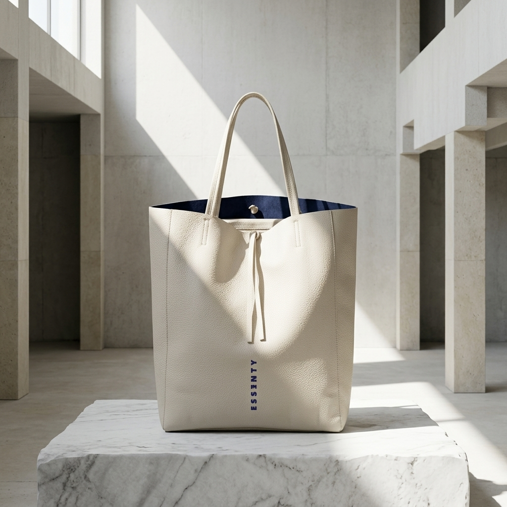 BONE MINIMALIST TOTE BAG WITH NAVY BLUE LINING RESTING ON A RAW WHITE MARBLE PODIUM