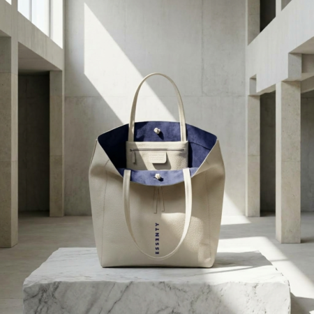BONE MINIMALIST TOTE BAG WITH DEEP NAVY SUEDE LINING OPEN ON A WHITE MARBLE BLOCK