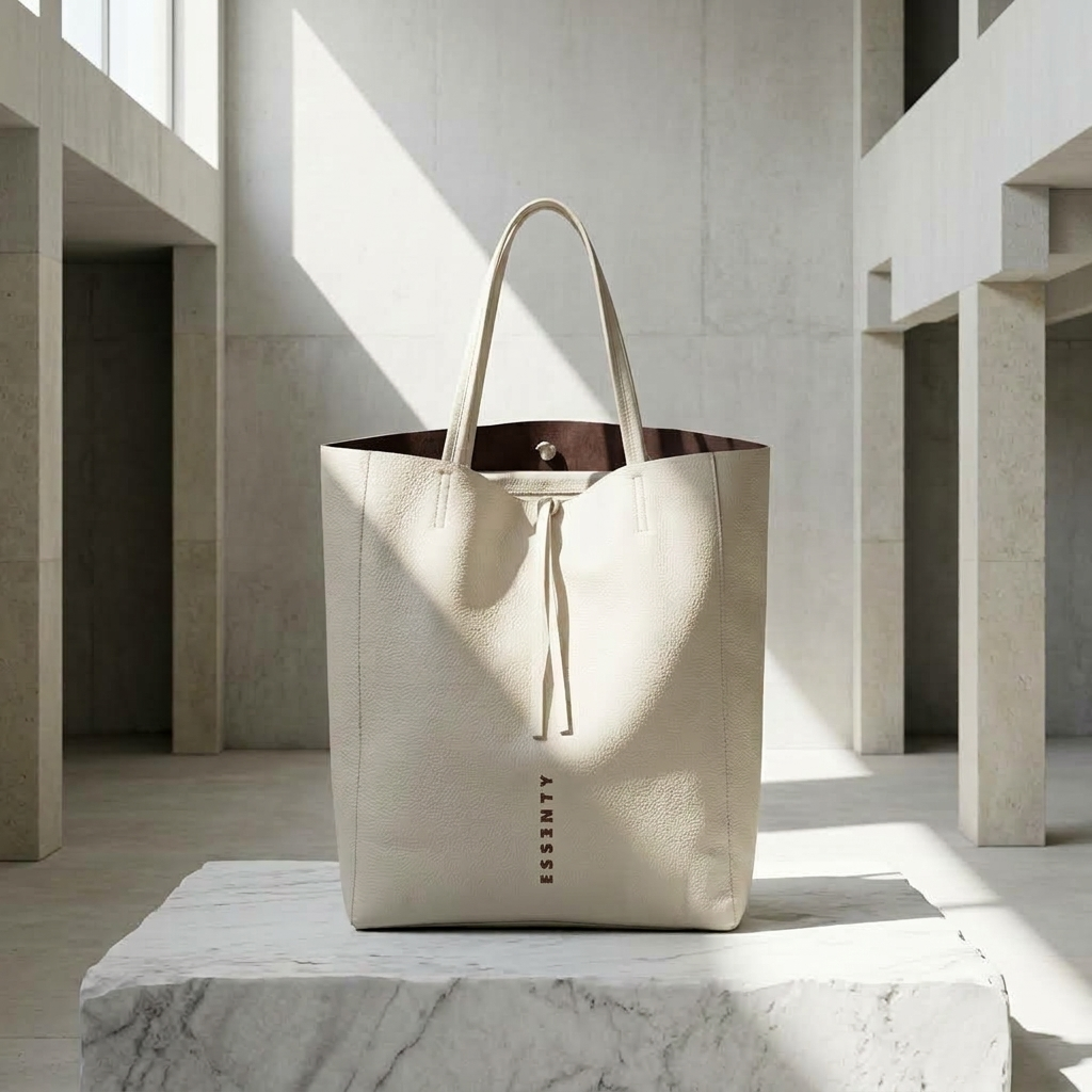 BONE MINIMALIST TOTE BAG WITH MORO BROWN LINING RESTING ON A RAW WHITE MARBLE PODIUM
