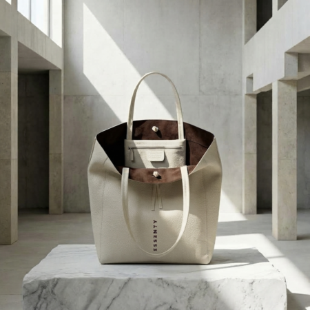 BONE MINIMALIST TOTE BAG WITH DARK BROWN MORO LINING OPEN ON A WHITE MARBLE BLOCK