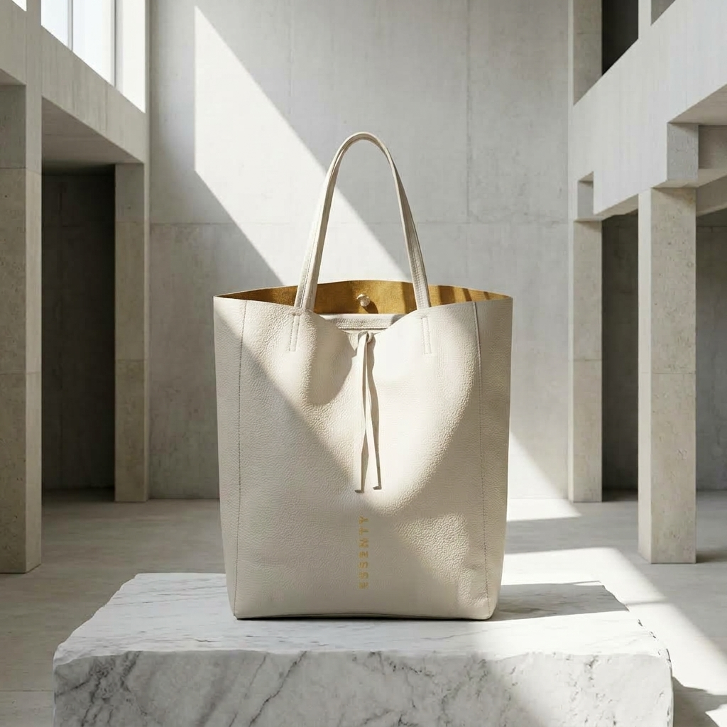 BONE MINIMALIST TOTE BAG WITH GOLD LINING RESTING ON A RAW WHITE MARBLE PODIUM