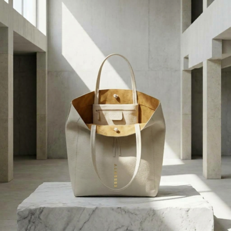 BONE MINIMALIST TOTE BAG WITH METALLIC GOLD SUEDE LINING OPEN ON A WHITE MARBLE BLOCK