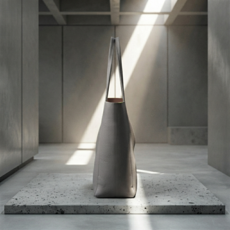 Side profile view of a grey leather designer minimalist tote bag showing gold lining on a square concrete slab