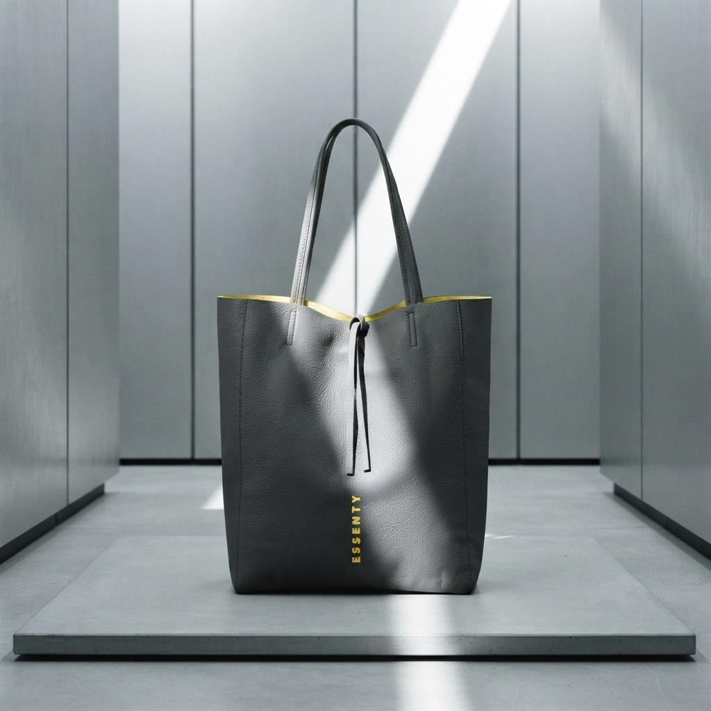 GREY MINIMALIST TOTE BAG FROM CYBER MOOD COLLECTION WITH GOLD LINING PLACED ON A BRUTALIST CONCRETE PODIUM