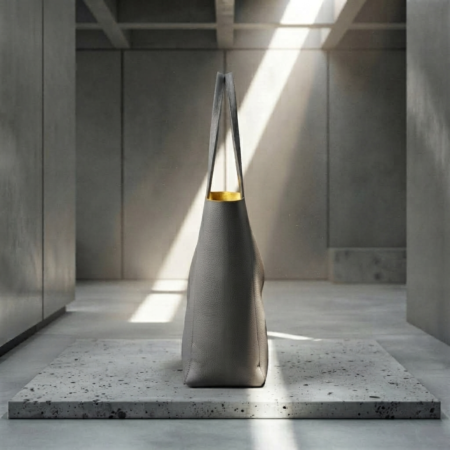 Side profile view of a grey leather designer minimalist tote bag showing gold lining on a square concrete slab