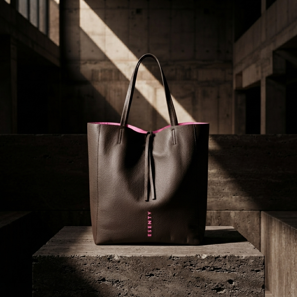 MORO MINIMALIST TOTE BAG WITH HOT PINK LINING RESTING ON A RAW BRUTALIST CONCRETE PODIUM