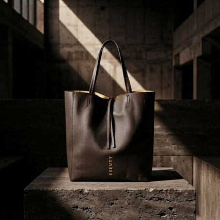 MORO MINIMALIST TOTE BAG WITH GOLD LINING RESTING ON A RAW BRUTALIST CONCRETE PODIUM