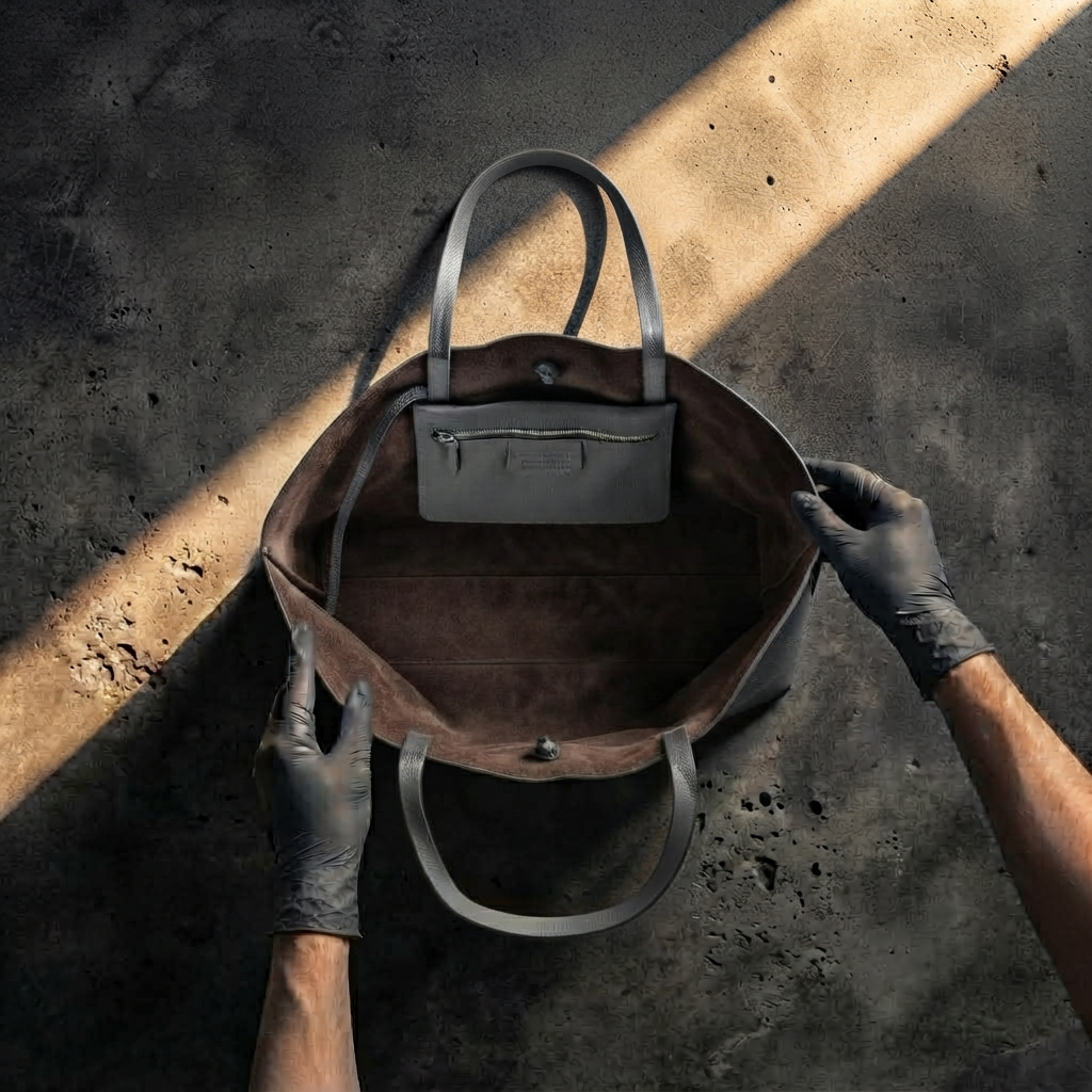 HANDCRAFTED LEATHER TOTE BAG CM-02 OPEN VIEW INSPECTION REVEALING RICH MORO LEATHER INTERIOR CORE